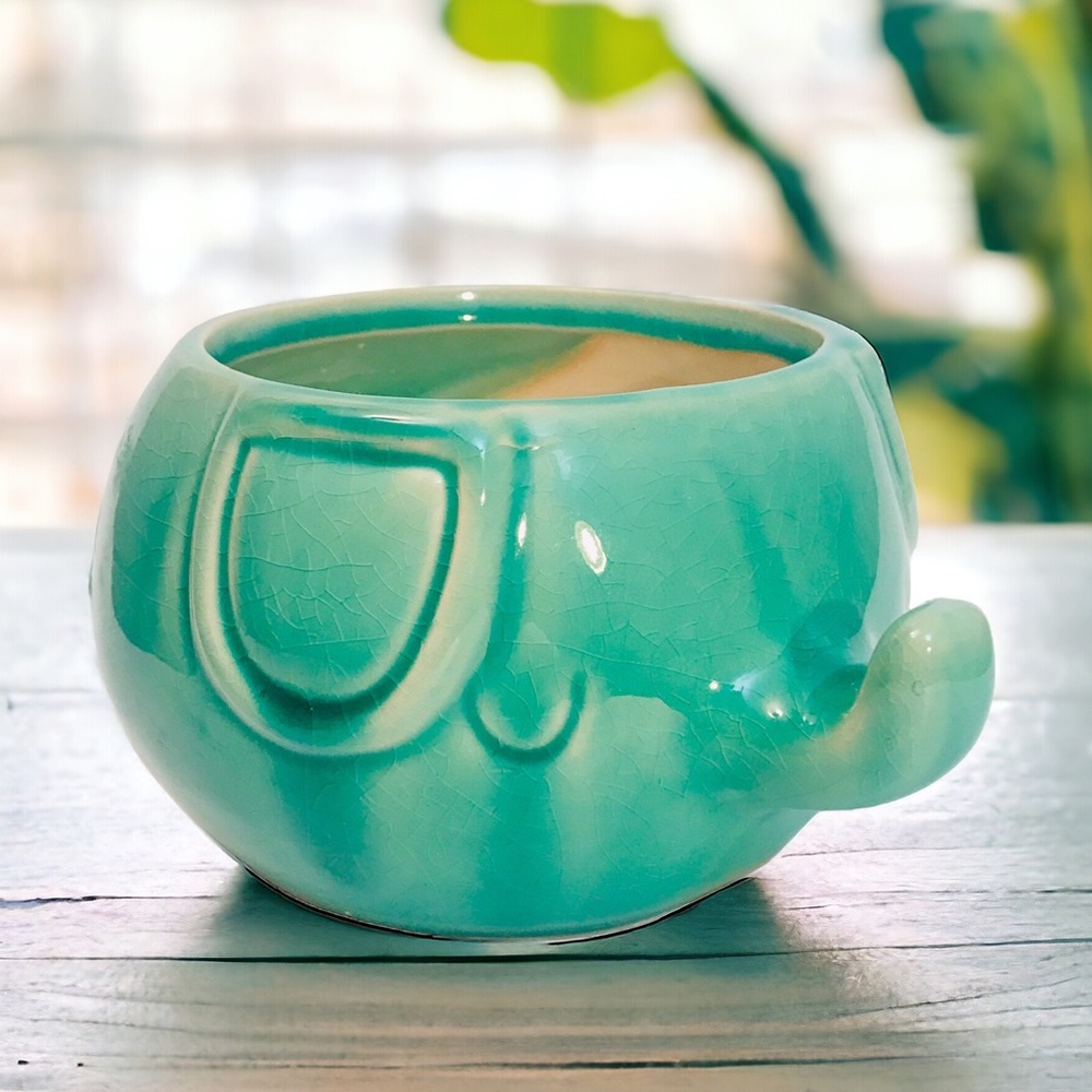 Green Blue Ceramic Elephant Planter Trinket Dish 3.5x8 Succulent Lucky Trunk Up
